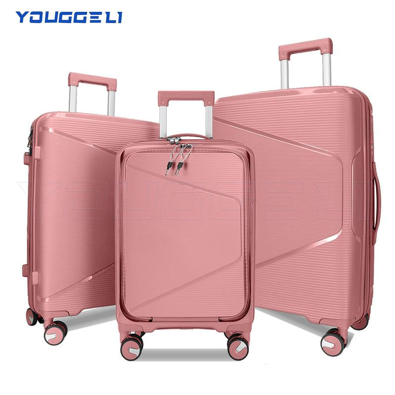 YOUGGELI Luggage Set Durable PP 3-Piece Luggage Set (20/24/28 Inches) with TSA Front-Opening Suitcase Set Double-Layer Explosion-Proof Zipper with Universal Wheels (Ideal for Family Sets)Various Sets and Colors Available Traveling Bag Luggage Sets
