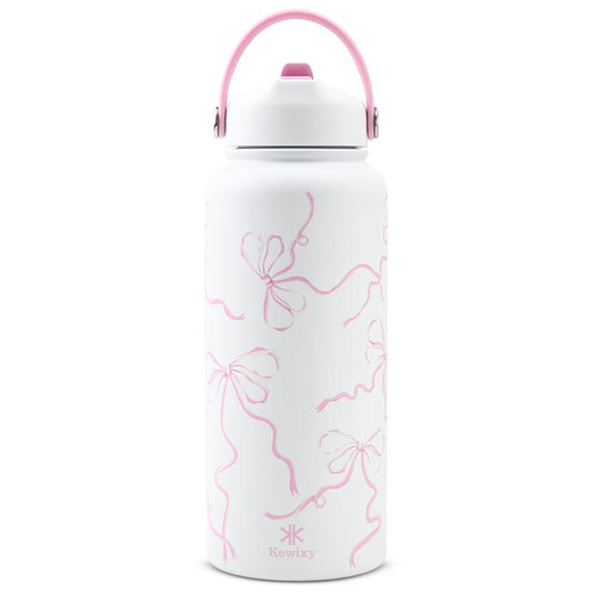 KEWIXY Pink/Blue Bow 32 Oz Insulated Water Bottle, Flip Straw Lid, Stainless Steel, Leak Proof, 24-Hour Cold, Reusable, for Travel, Gym and School