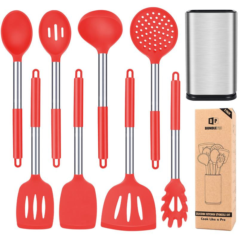 Silicone Cooking Utensil Set - 8Pcs Non-Stick Cookware with Stainless Steel Handle, BPA Free, Heat Resistant Kitchen Tools, Girly Kitchenware Black