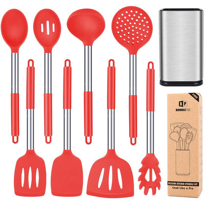Silicone Cooking Utensil Set - 8Pcs Non-Stick Cookware with Stainless Steel Handle, BPA Free, Heat Resistant Kitchen Tools, Girly Kitchenware Black