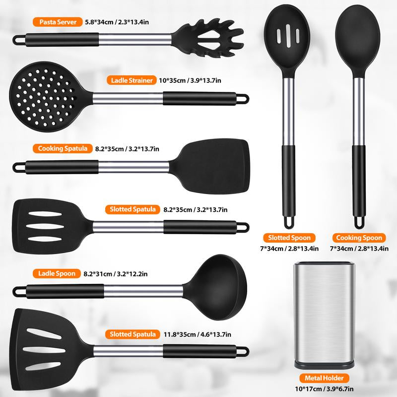 Silicone Cooking Utensil Set - 8Pcs Non-Stick Cookware with Stainless Steel Handle, BPA Free, Heat Resistant Kitchen Tools, Girly Kitchenware Black
