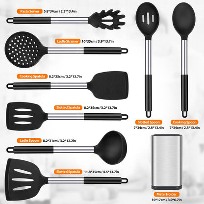 Silicone Cooking Utensil Set - 8Pcs Non-Stick Cookware with Stainless Steel Handle, BPA Free, Heat Resistant Kitchen Tools, Girly Kitchenware Black